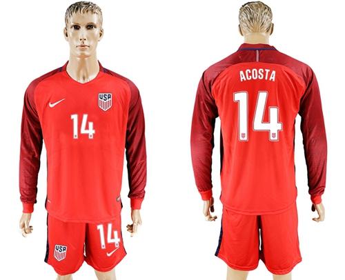 USA #14 Acosta Away Long Sleeves Soccer Country Jersey